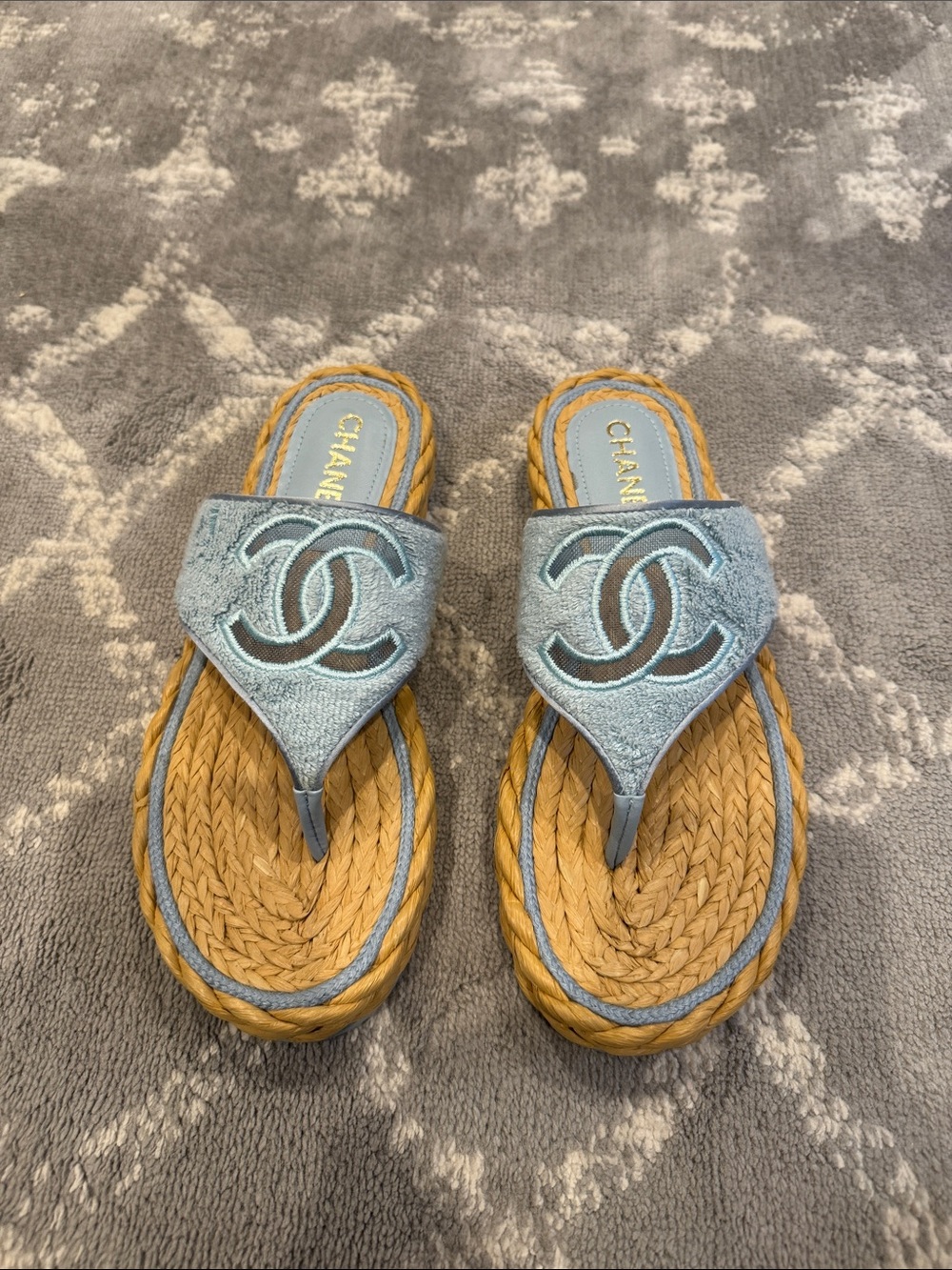 Authentic CHANEL Pale Blue Raffia Thong Sandals with CC Logo